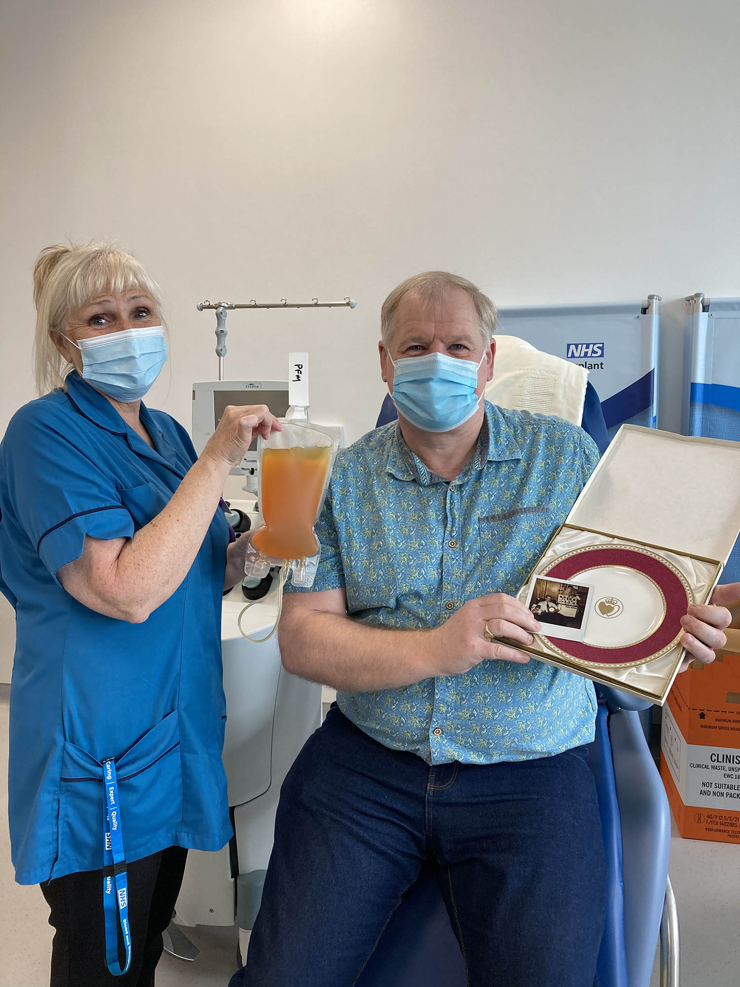 Darren Flaherty donating plasma for medicines at Barnsley with donor carer Karen Ward 2021 small
