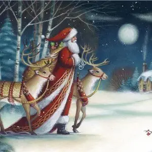 Santa and Reindeer - Greeting in English and Welsh